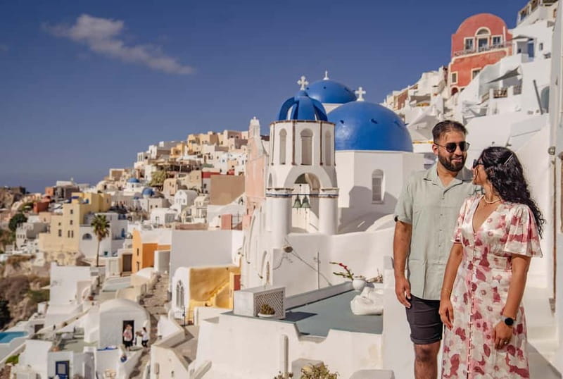 Oia: Couple Photoshoot Seprate Entrance to Blue Dome - The less polished side of the experience
